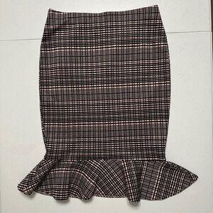 NYCC Ruffled Hem Pencil Skirt Pink & Black Plaid Midi Length Elastic Waist Sz S